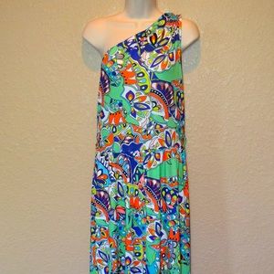 Trina Turk Like Colorful Pattern One Shoulder Maxi Dress Sz M/L